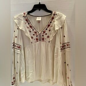 Knox Rose Top Women M Ivory  Blouse Embroidered Floral Cottagecore Long Sleeve